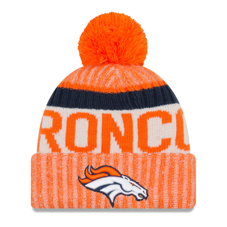 Denver Broncos New Era NFL Cuffed Pom 2017 Sideline Knit Hat Team Color Orange Crown/Cuff Team Color Logo