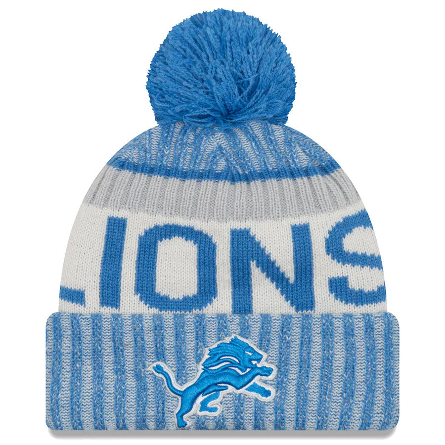 Detroit Lions New Era NFL Cuffed Pom 2017 Sideline Knit Hat Team Color Blue/White Crown/Cuff Team Color Logo