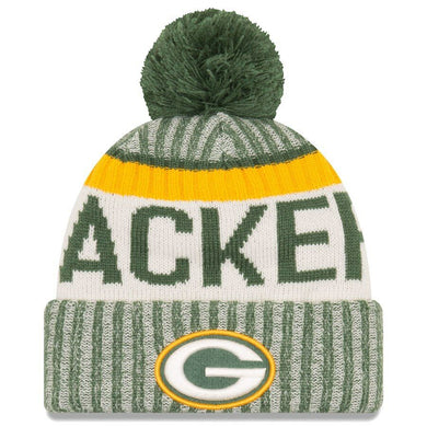 Green Bay Packers New Era NFL Cuffed Pom 2017 Sideline Knit Hat Team Color Green/Yellow Crown/Cuff White/Green/Yellow Logo
