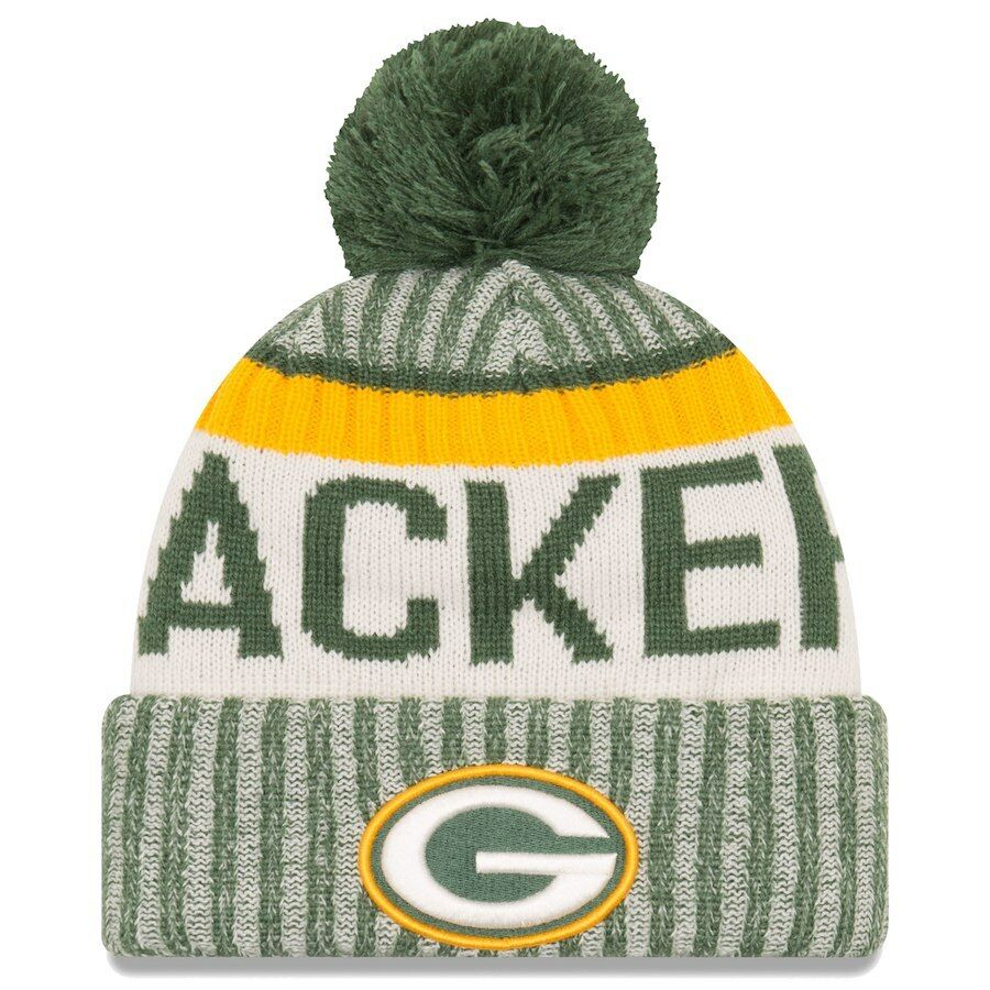 Green Bay Packers New Era NFL Cuffed Pom 2017 Sideline Knit Hat Team Color Green/Yellow Crown/Cuff White/Green/Yellow Logo