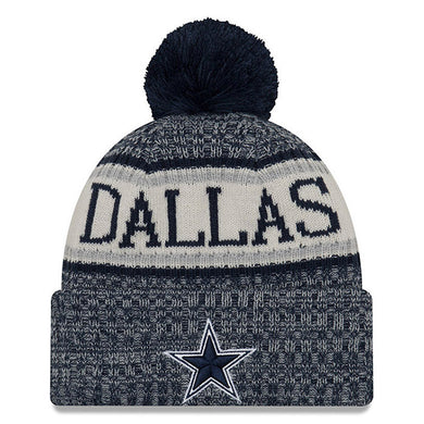 Dallas Cowboys New Era NFL Cuffed Pom Knit Hat Navy Blue/White Crown/Visor Team Color Logo (2018 Sideline)