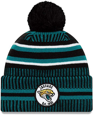 Jacksonville Jaguars New Era NFL Cuffed Pom Knit Beanie Hat Teal/Black Crown/Visor Team Color Logo (2019 Sideline)