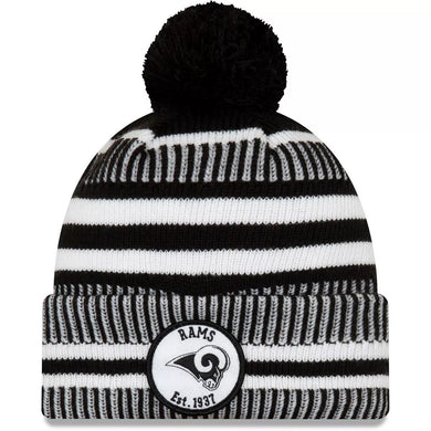 Los Angeles Rams New Era NFL Cuffed Pom Knit Beanie Hat Black/White Crown/Visor Team Color Logo (2019 Sideline)