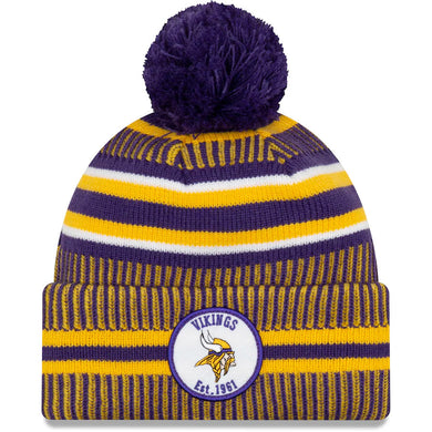 Minnesota Vikings New Era NFL Cuffed Pom Knit Beanie Hat Yellow/Purple Crown/Visor Team Color Logo (2019 Sideline)