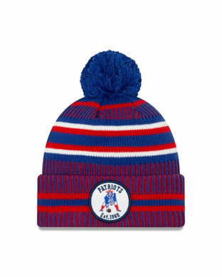 New England Patriots New Era NFL Cuffed Pom Knit Beanie Hat Blue/Red Crown/Visor Team Color Logo (2019 Sideline)