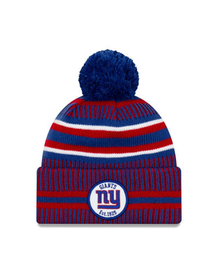 New York Giants New Era NFL Cuffed Pom Knit Beanie Hat Blue/Red Crown/Visor Team Color Logo (2019 Sideline)