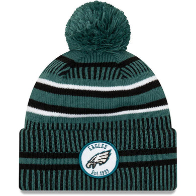 Philadelphia Eagles New Era NFL Cuffed Pom Knit Beanie Hat Green/Black Crown/Visor Team Color Logo (2019 Sideline)