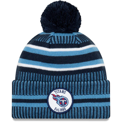 Tennessee Titans New Era NFL Cuffed Pom Knit Beanie Hat Sky Blue/Navy Crown/Visor Team Color Logo (2019 Sideline)