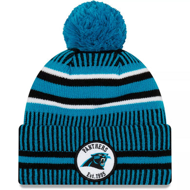 Carolina Panthers New Era NFL Home Cuffed Pom Knit Beanie Hat Sky Blue/Navy Crown/Visor Team Color Logo (2019 Sideline)