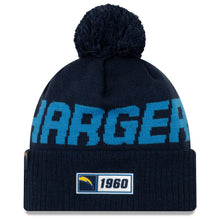 Load image into Gallery viewer, Los Angeles Chargers New Era NFL Road Cuffed Pom Knit Beanie Hat Navy Blue/Sky Blue Crown/Visor Team Color Logo (2019 Sideline)
