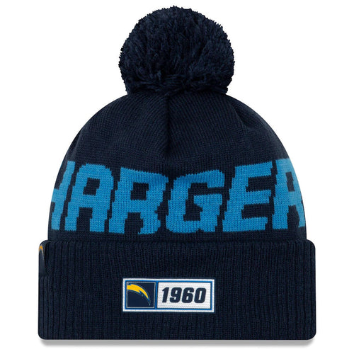 Los Angeles Chargers New Era NFL Road Cuffed Pom Knit Beanie Hat Navy Blue/Sky Blue Crown/Visor Team Color Logo (2019 Sideline)