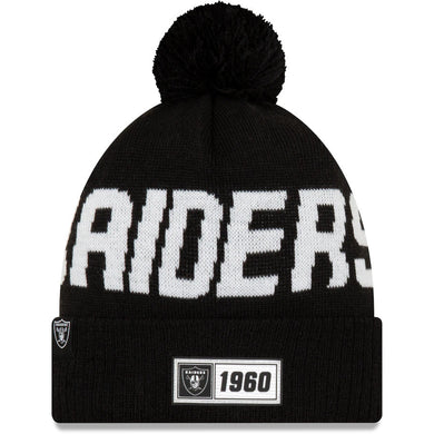 Oakland Raiders New Era NFL Road Cuffed Pom Knit Beanie Hat Black/White Crown/Visor Team Color Logo (2019 Sideline)
