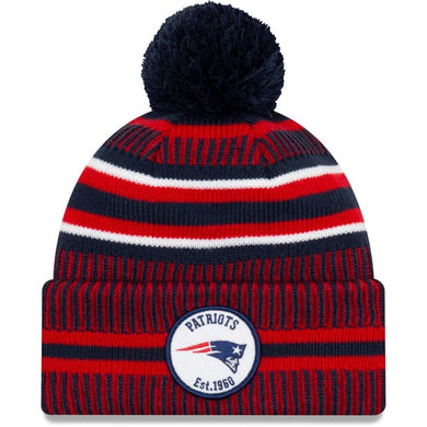 New England Patriots New Era NFL Cuffed Pom Knit Beanie Hat Navy Blue/Red Crown/Visor Team Color Logo (2019 Sideline)