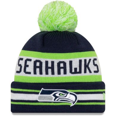 Seattle Seahawks New Era NFL The Jake Cuffed Pom Knit Hat White/Green/Navy Blue Crown/Visor Team Color Logo