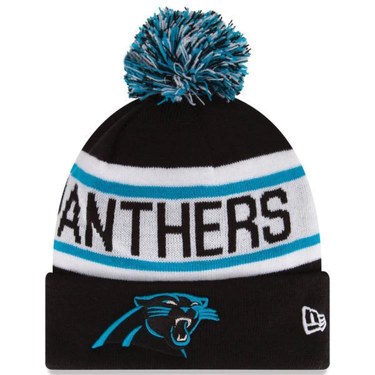 Carolina Panthers New Era NFL Biggest Fan Redux Cuffed Pom Knit Hat Black/White/Royal Blue Crown/Visor Team Color Logo