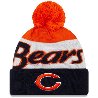 Chicago Bears New Era NFL Cuffed Pom Knit Hat Script A3 Navy Blue/Orange/White Crown/Visor Team Color Logo