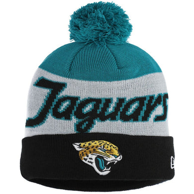 Jacksonville Jaguars New Era NFL Cuffed Pom Knit Hat Black/Turquoise /White Crown/Visor Team Color Logo