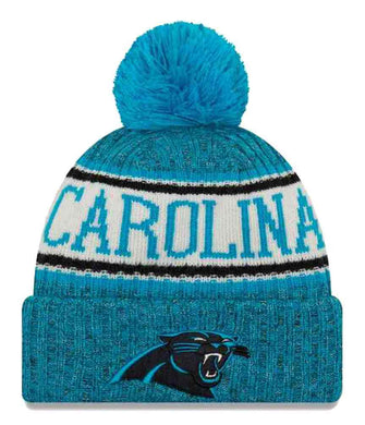 Carolina Panthers New Era NFL 2018 Sideline Cuffed Pom Knit Hat Aqua Blue Crown/Visor Team Color Logo