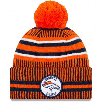 Denver Broncos New Era NFL 2019 Sideline Cuffed Pom Knit Hat Navy Blue/Orange Crown/Visor Team Color Logo