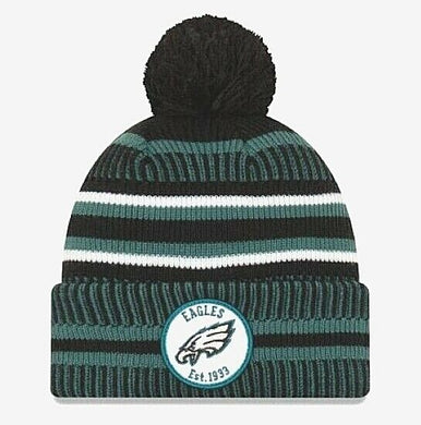 Philadelphia Eagles New Era NFL 2019 Sideline Cuffed Pom Knit Hat Dark Green/Black/White Crown/Visor Team Color Logo