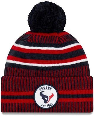 Houston Texans New Era NFL 2019 Sideline Cuffed Pom Knit Hat Red/Navy Blue/White Crown/Visor Team Color Logo