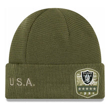 Load image into Gallery viewer, Oakland Raiders New Era NFL 2019 Salute To Service Cuffed Knit Beanie Hat Olive Green Crown/Visor Team Color Logo
