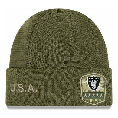 Oakland Raiders New Era NFL 2019 Salute To Service Cuffed Knit Beanie Hat Olive Green Crown/Visor Team Color Logo