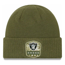 Load image into Gallery viewer, Oakland Raiders New Era NFL 2019 Salute To Service Cuffed Knit Beanie Hat Olive Green Crown/Visor Team Color Logo
