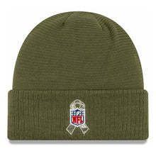 Load image into Gallery viewer, Oakland Raiders New Era NFL 2019 Salute To Service Cuffed Knit Beanie Hat Olive Green Crown/Visor Team Color Logo
