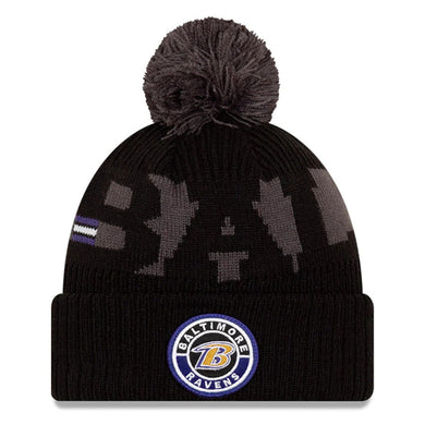 Baltimore Ravens New Era NFL Cuffed Pom Knit Beanie Hat Black/Gray/Purple Crown/Visor Team Color Logo (2020 Sideline)