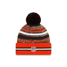 Load image into Gallery viewer, Cleveland Browns New Era NFL 2021 Sideline Sport Official Pom Cuffed Knit Beanie Orange/Brown Team Color
