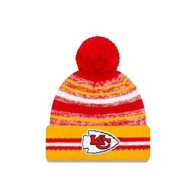 Kansas City Chiefs New Era NFL 2021 Sideline Sport Official Pom Cuffed Knit Beanie Yellow/Red Team Color
