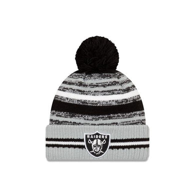 Las Vegas Raiders New Era NFL 2021 Sideline Sport Official Pom Cuffed Knit Beanie Gray/Black Team Color