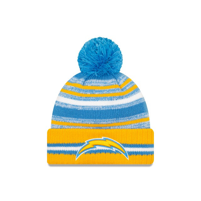 Los Angeles Chargers New Era NFL2021 Sideline Sport Official Cuffed Pom Knit Sky Blue/White/Yellow Team Color Logo
