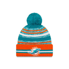 Load image into Gallery viewer, Miami Dolphins New Era NFL 2021 Sideline Sport Official Cuffed Pom Knit Teal/White/Orange Team Color Logo
