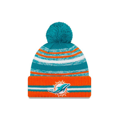 Miami Dolphins New Era NFL 2021 Sideline Sport Official Cuffed Pom Knit Teal/White/Orange Team Color Logo
