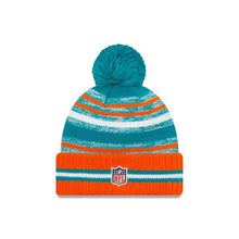 Load image into Gallery viewer, Miami Dolphins New Era NFL 2021 Sideline Sport Official Cuffed Pom Knit Teal/White/Orange Team Color Logo
