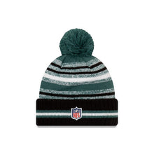 Load image into Gallery viewer, Philadelphia Eagles New Era NFL 22021 Sideline Sport Official Cuffed Pom Knit Hat Green/White/Black Crown/Visor Team Color Logo
