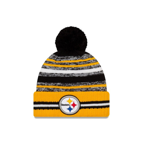 Pittsburgh Steelers New Era NFL Cuffed Pom Knit 2021 Sideline Hat Yellow/Black/White Crown/Cuff Team Color Logo