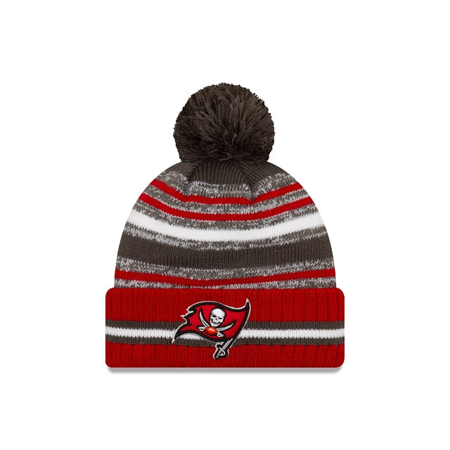 Tampa Bay Buccaneers New Era NFL Cuffed Pom Knit 2021 Sideline Hat Red/Dark Gray/White Crown/Cuff Team Color Logo