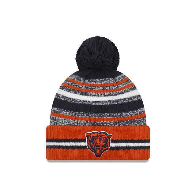 Chicago Bears New Era NFL 2021 Sideline Sport Official Cuffed Pom Knit Navy/White/Orange Team Color Logo