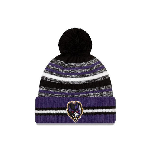 Baltimore Ravens New Era NFL 2021 Sideline Sport Official Pom Cuffed Knit Beanie Purple/Black Team Color