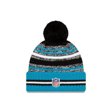 Load image into Gallery viewer, Carolina Panthers New Era NFL 2021 Sideline Sport Official Pom Cuffed Knit Beanie Teal/Black Team Color
