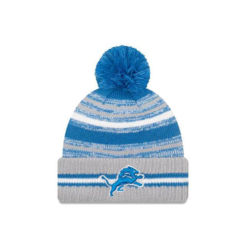 Detroit Lions New Era NFL 2021 Sideline Sport Official Pom Cuffed Knit Beanie Gray/Sky Blue Team Color