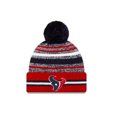 Houston Texans New Era NFL 2021 Sideline Sport Official Pom Cuffed Knit Beanie Red/Navy Team Color