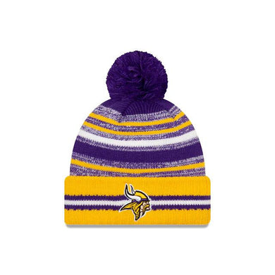 Minnesota Vikings New Era NFL 2021 Sideline Sport Official Pom Cuffed Knit Beanie Yellow/Purple Team Color
