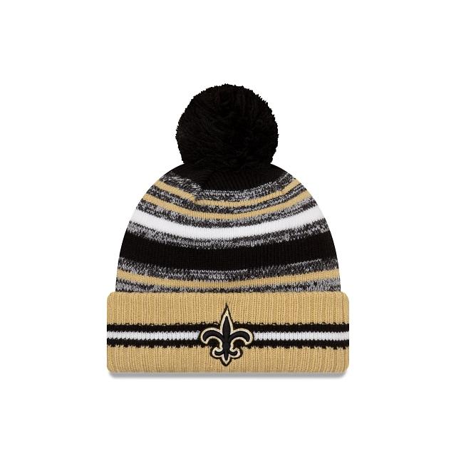 New Orleans Saints New Era NFL 2021 Sideline Sport Official Pom Cuffed Knit Beanie Wheat/Black Team Color
