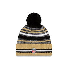 Load image into Gallery viewer, New Orleans Saints New Era NFL 2021 Sideline Sport Official Pom Cuffed Knit Beanie Wheat/Black Team Color
