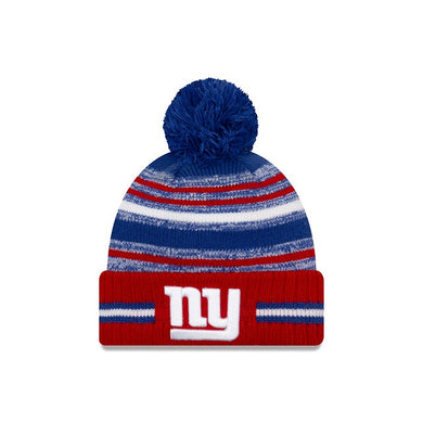 New York Giants New Era NFL 2021 Sideline Sport Official Cuffed Pom Knit Royal Blue/Red/White Team Color Logo