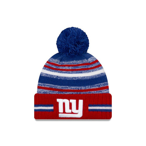 New York Giants New Era NFL 2021 Sideline Sport Official Cuffed Pom Knit Royal Blue/Red/White Team Color Logo